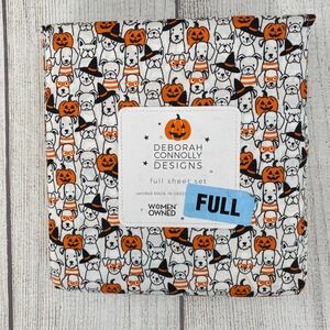 Deborah Connolly Sheet Set FULL Halloween Dog White Orange Pumpkin Witch Fall